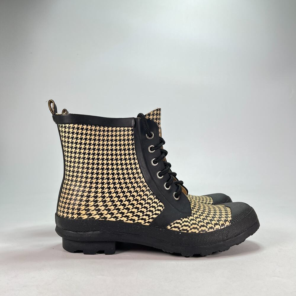 Henry Ferrera Black Tan Houndstooth Waterproof Ankle Rain Boots Women's Size 8
